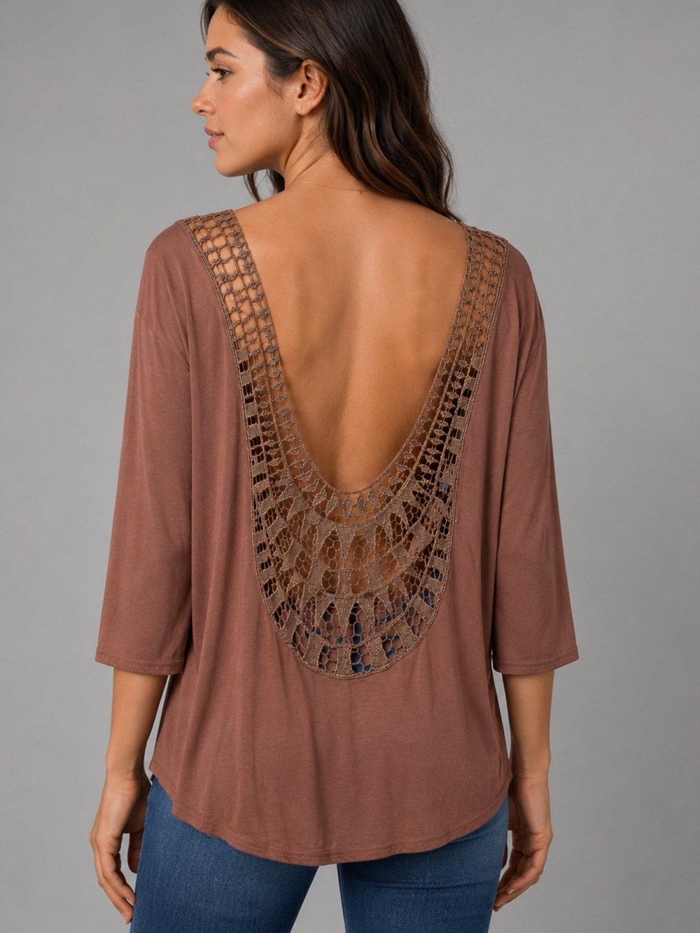 BKE Mauve Brown Backless Crochet Knit Blouse